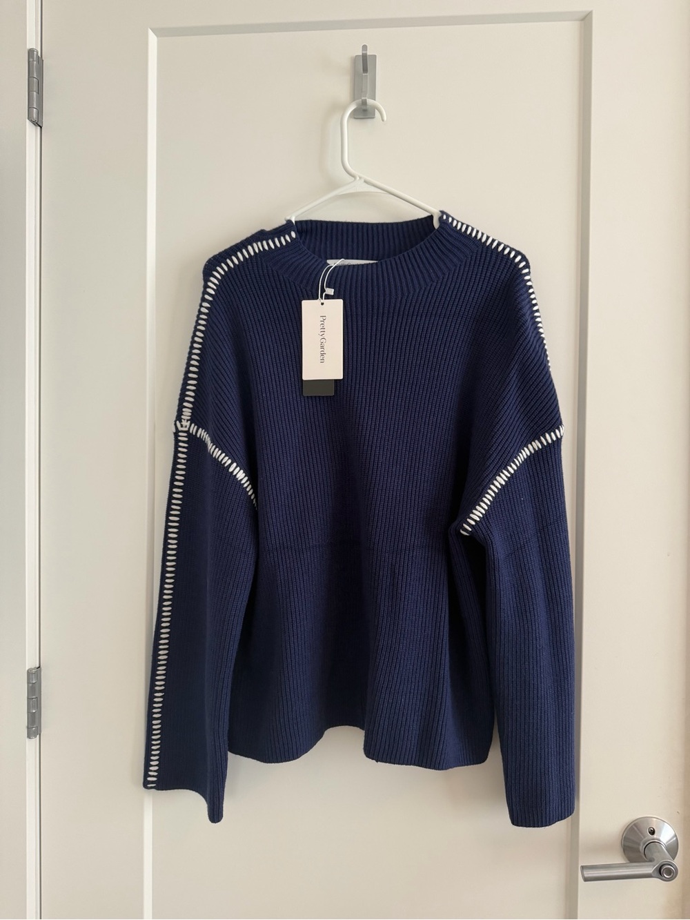 Cotton-Blend Navy Crewneck Sweater with White Contrast Stitching